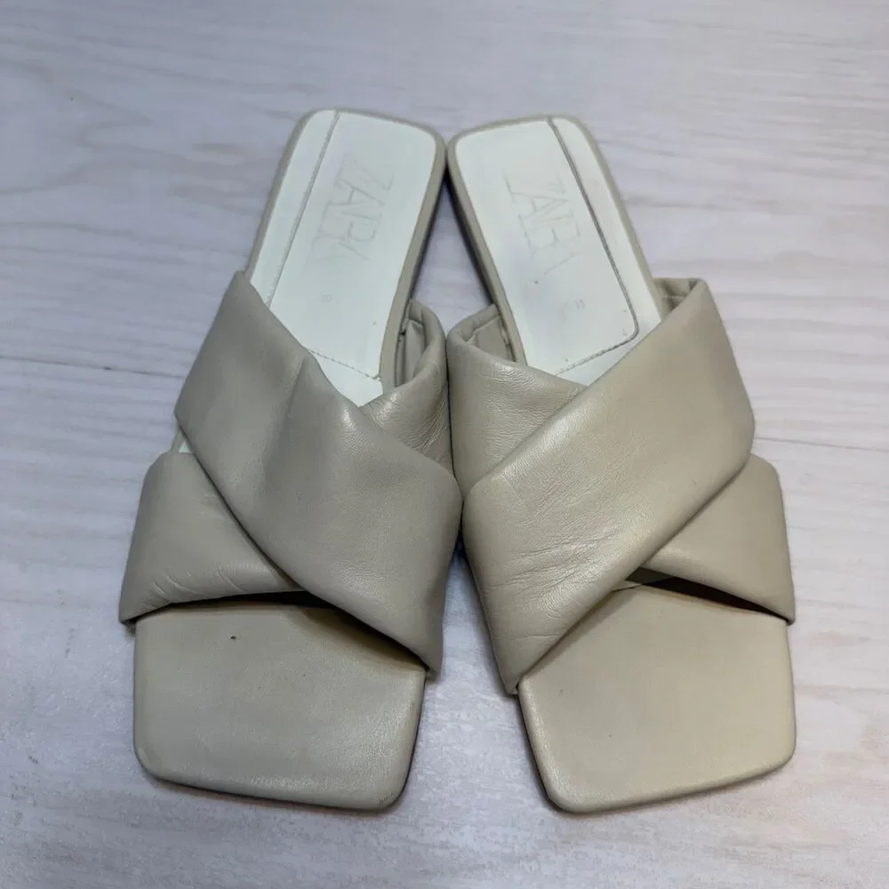 Zara Womens Size 39‎ 8 Cream Color leather Day Cross Flat Sandals - Picture 6 of 10